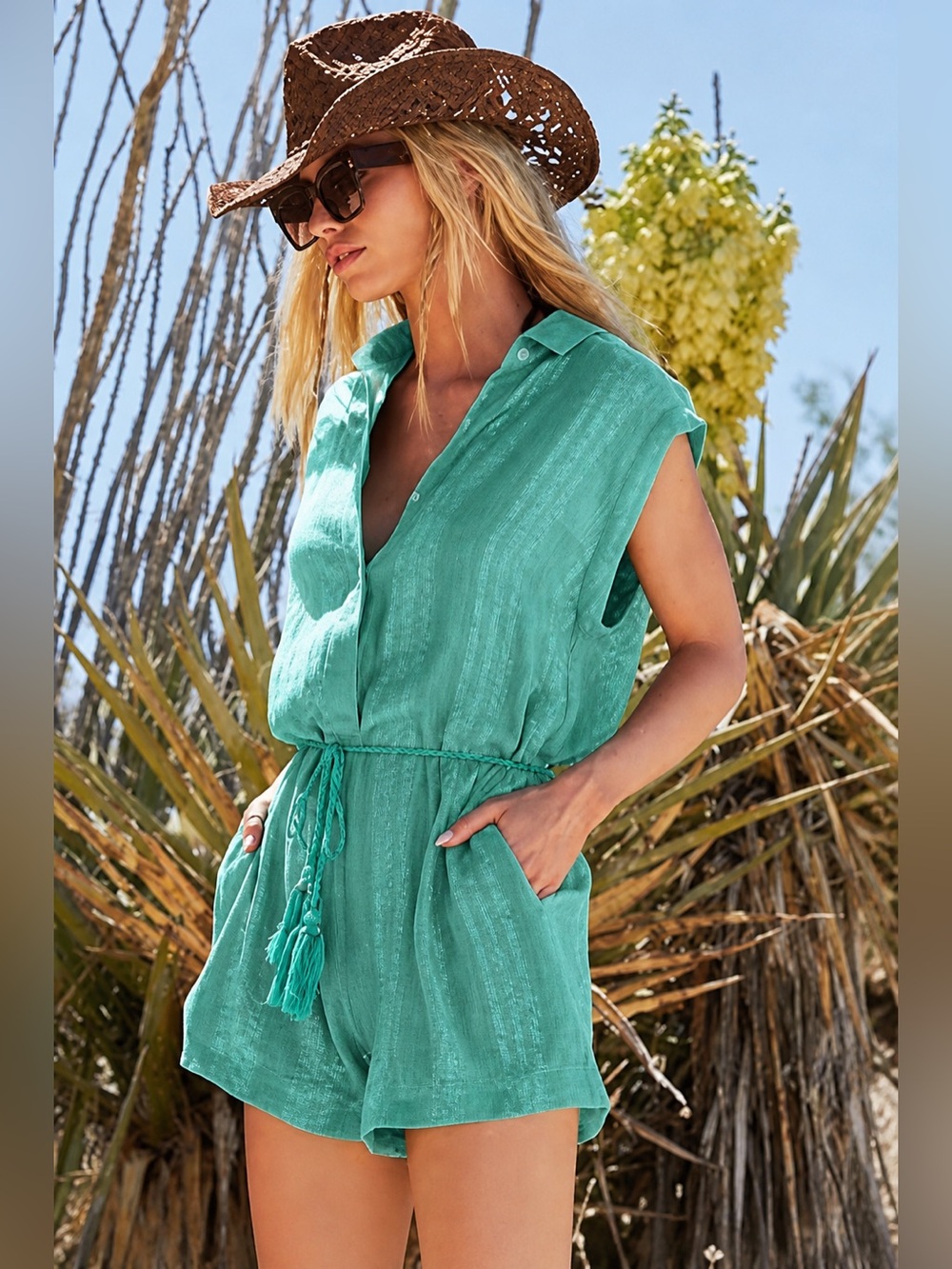 Isabella Rose Green Sleeveless Tie-Waist Romper Swim‎ Beach Cover boho style